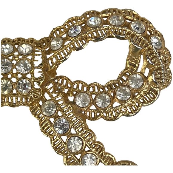 Vintage Large Clear Rhinestone Bow Brooch Gold Tone Pin 3 3/4 Inch L N - Picture 3 of 10